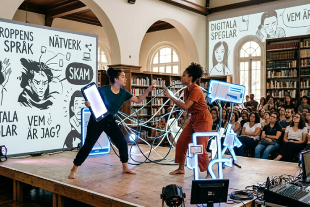 Espetáculo inspirado em quadrinho sueco transforma a relação com o corpo e as redes sociais em debate no palco da Biblioteca Mário de Andrade.